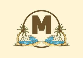 Sea wave and coconut tree line art drawing with M initial letter vector