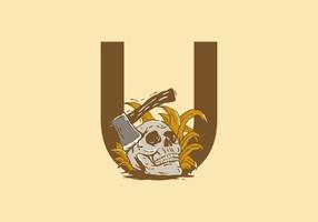 Skeleton head and ax illustration drawing with U initial letter vector