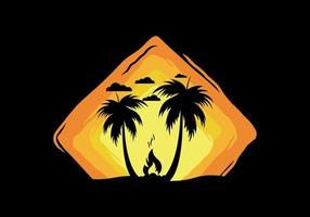 Silhouette of bonfire and coconut trees on the beach vector