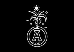 White black line art illustration of coconut tree in the beach with A initial letter vector