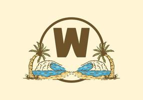 Sea wave and coconut tree line art drawing with W initial letter vector