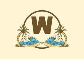 Sea wave and coconut tree line art drawing with W initial letter vector