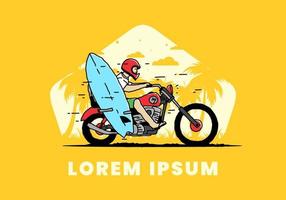 andar en motocicleta con ilustración de tabla de surf vector