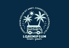 RV car on the beach line art with lorem ipsum text vector