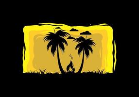 Silhouette of bonfire and coconut trees on the beach vector