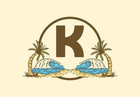Sea wave and coconut tree line art drawing with K initial letter vector