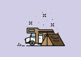 Camping with camper van line art illustration vector