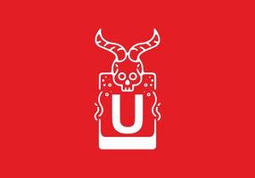 White red line art illustration of skull with U initial letter in the middle vector