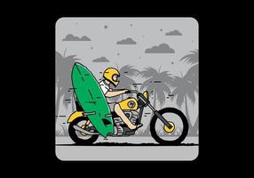 andar en motocicleta con ilustración de tabla de surf