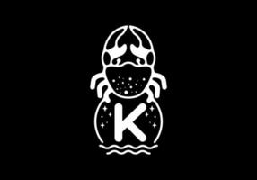 White black crab line art with K initial letter vector