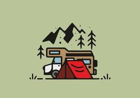 Camping with camper van line art illustration vector