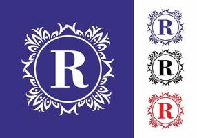 White purple of R initial letter in classic circle frame vector