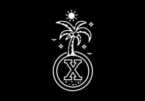 White black line art illustration of coconut tree in the beach with X initial letter vector