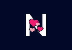 White pink color of N initial letter with love symbol vector