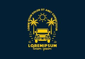 Off road car on the beach line art with lorem ipsum text vector