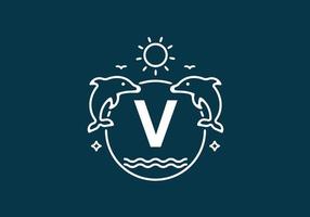 White blue color of V initial letter in dolphin and ocean frame vector