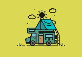 Camping with camper van line art illustration vector