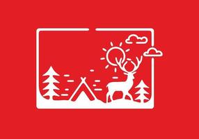 White and red forest camping and deer illustration vector