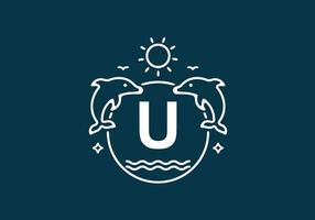 White blue color of U initial letter in dolphin and ocean frame vector