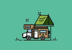 acampar con ilustración de arte de línea de autocaravana