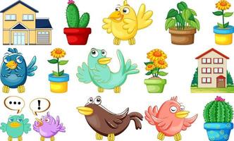 Different house designs and cute birds vector