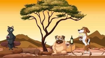 Dry land scene with many dogs vector