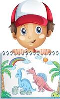 dinosaurios dibujados a mano de colores en papel con un personaje de dibujos animados de niño vector