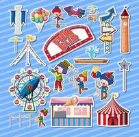 Sticker set of amusement park objects and cartoon characters vector