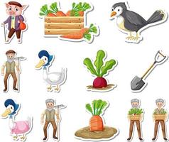 Sticker set of farm objects and farmer cartoon characters vector