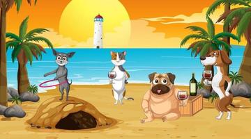 escena de playa al aire libre con muchos perros vector