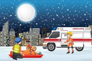 escena de nieve con rescate de bomberos en estilo de dibujos animados vector