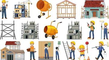 conjunto de objetos y trabajadores del sitio de construcción vector