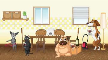 In house scene with dogs drinking wine vector