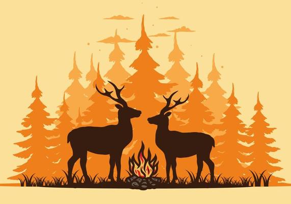Couple deer and bonfire illustration