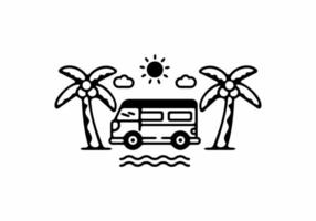 Van on the beach line art illustration vector