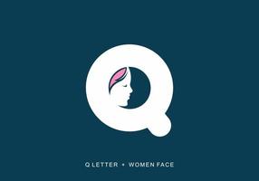 White and pink color of Q initial letter with women face shape vector