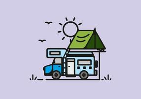 Camping with camper van line art illustration vector