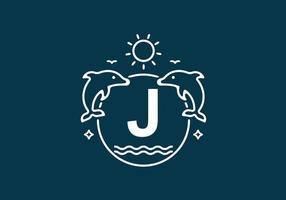 White blue color of J initial letter in dolphin and ocean frame vector