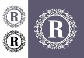 White purple R initial letter in circle classic frame vector