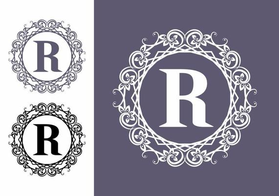 White purple R initial letter in circle classic frame