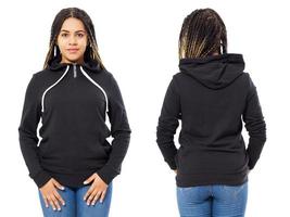 Front back and rear black sweatshirt view. Black Woman show on template clothes for print and copy space isolated on white background. Mock up. Cropped image photo