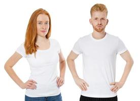 Casual Young Couple Close Up In White T-shirt Set Isolated Over White Background photo