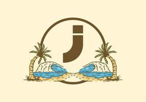 Sea wave and coconut tree line art drawing with J initial letter vector