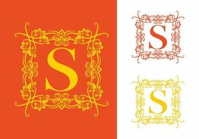 Orange yellow of S initial letter in vintage square frame vector