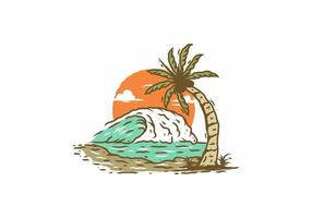 dibujo de ilustración vintage de ola de mar y árbol de coco vector