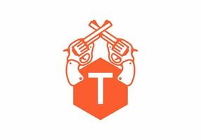 Two guns line art illustration with T initial letter vector