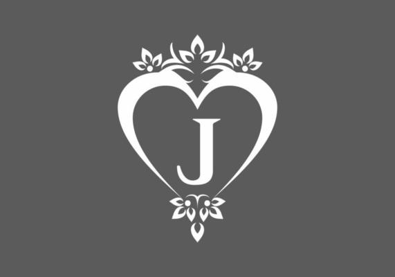 White grey of J initial letter in love shape frame