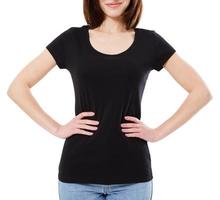 blank woman tshirt isolated on white,copy space,front view,cropped image photo