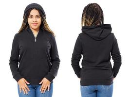 Stylish afro american girl in the hood in a hoodie front and back view black woman in sweatshirt pullover mock up photo