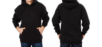 Man hoody set, black hoody front and back view, hood mock up. Empty male hoody copy space. Front and rear background photo